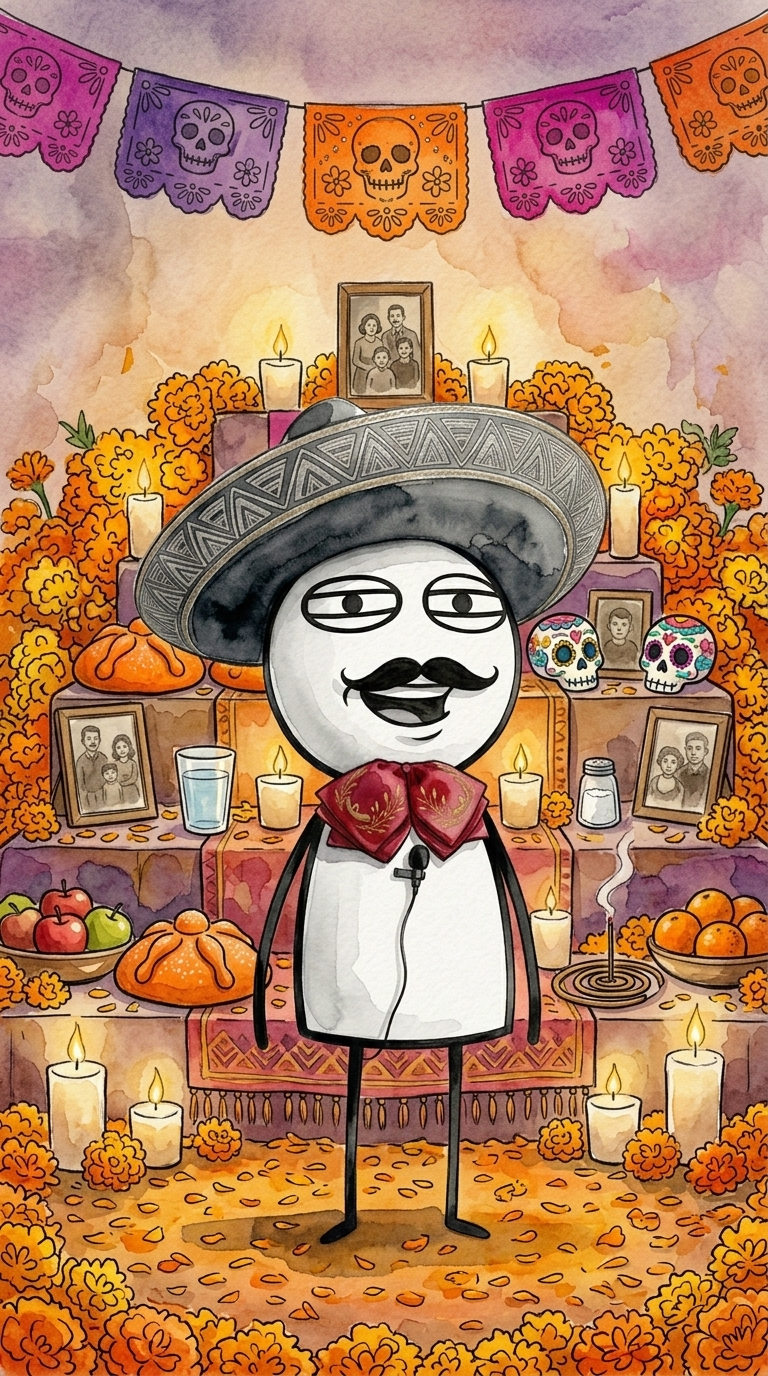Memexicanito en el Altar de Muertos con Cempasúchil y Ofrendas